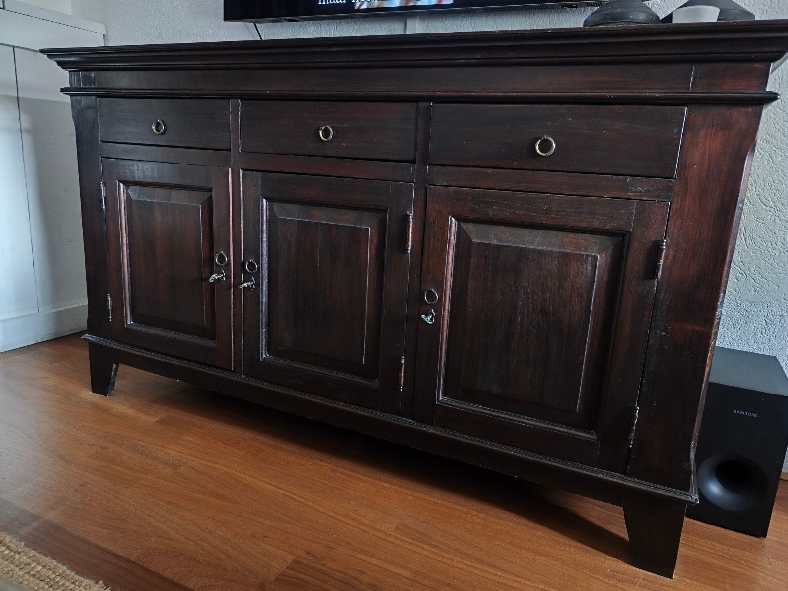 Donkerbruin dressoir met lades en deuren, Gebruikt, Klassiek, 150 tot 200 cm, Ophalen of Verzenden
