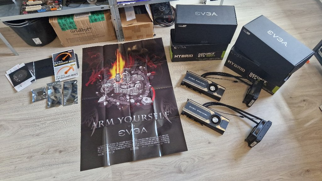 2x EVGA GTX 980 Ti Hybrid videokaarten met toebehoren, PCI-Express 3, Gebruikt, GDDR5, Nvidia