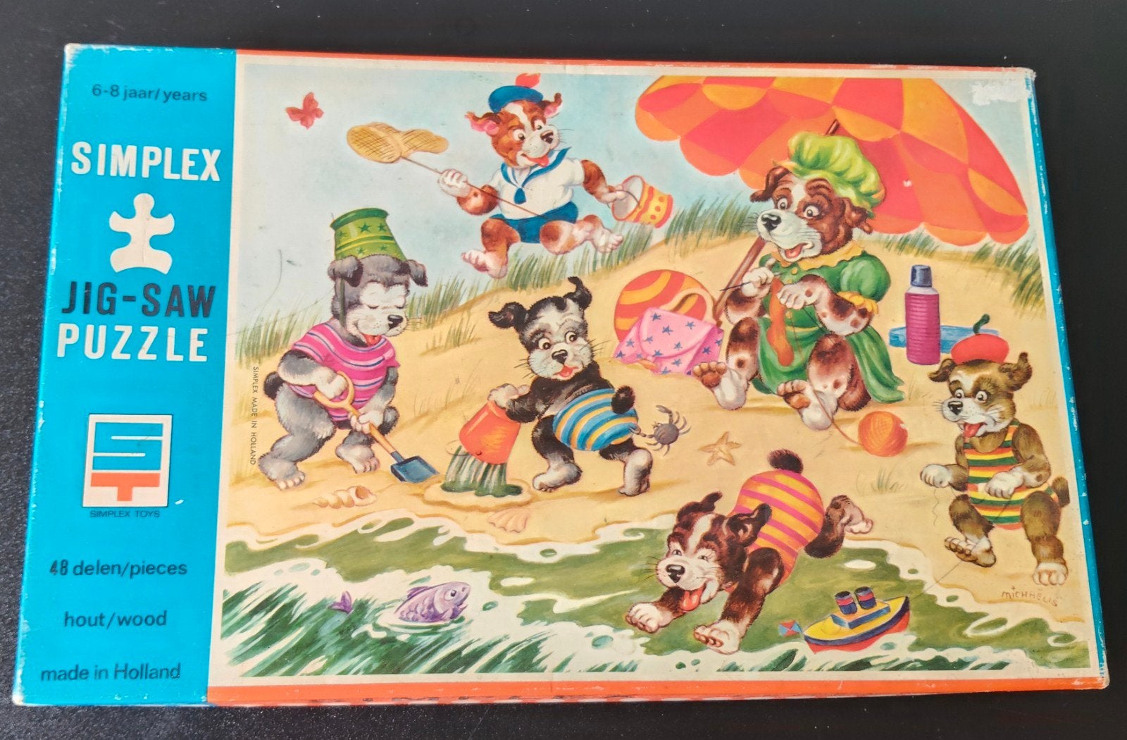 Vintage Houten Simplex Puzzel - Strandtafereel met Hondjes, Verzamelen, Ophalen of Verzenden, Gebruikt
