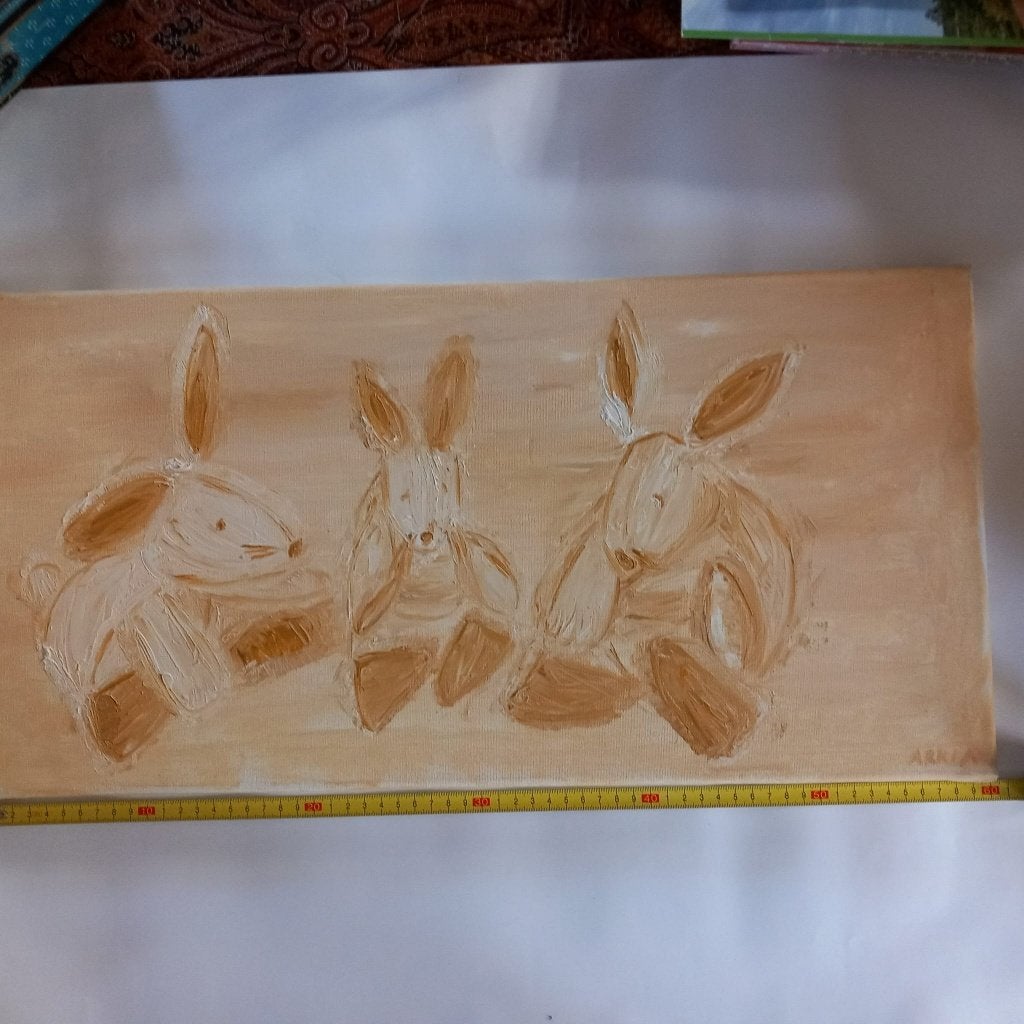 schilderij met drie haasjes, Gesigneerd, Pastel, Ophalen of Verzenden, Dieren