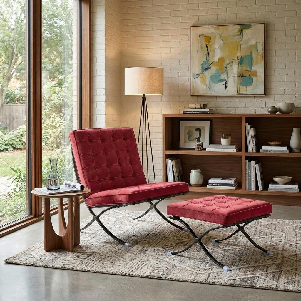 PaviljoenXL Fauteuil + Voetenbank | Rood Velvet | Uitverkoop, Ophalen, Info@caveldesign.com, Minder dan 75 cm, 7775PB