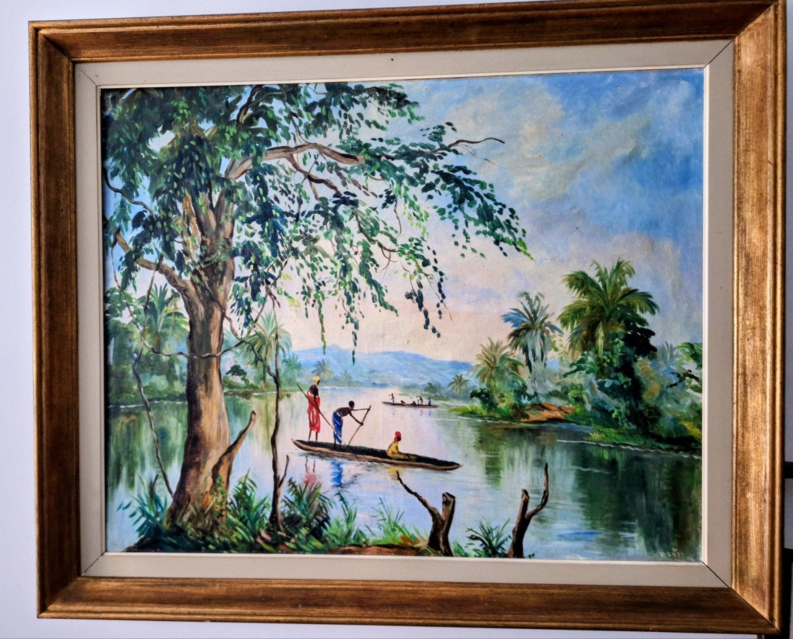 Authentiek Congolees Landschap - J. Menga (20e Eeuw), Antiek en Kunst, Afrika, Ophalen of Verzenden, Geschilderd, Meerkleurig