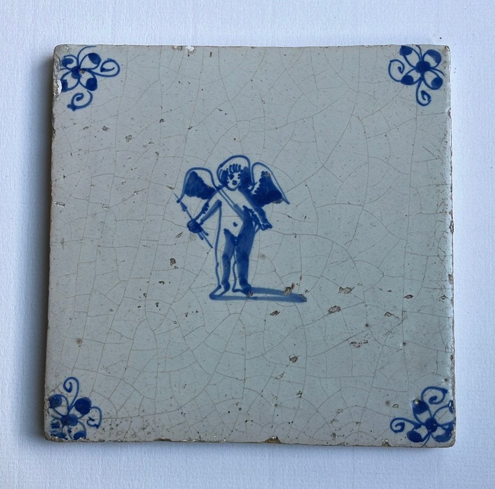 Antieke tegel engel cupido delfts blauw 18e eeuw, Ophalen of Verzenden