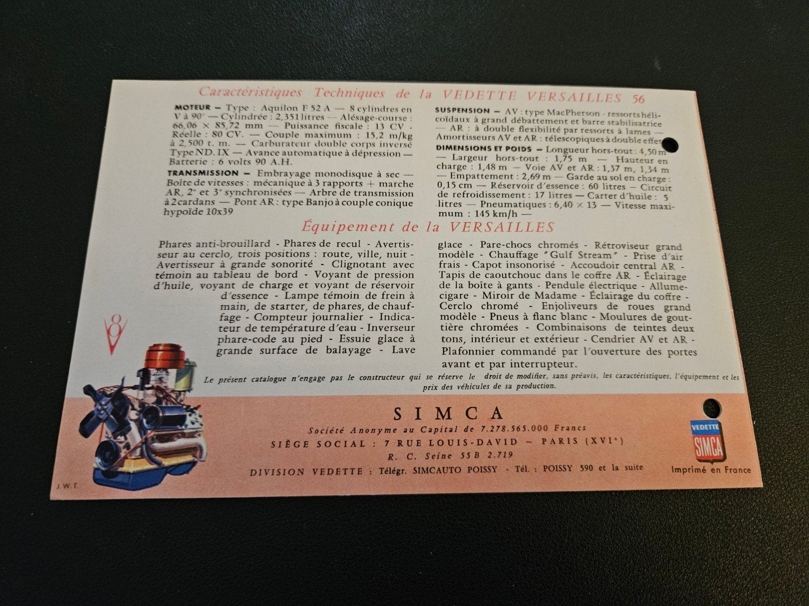 Brochure Simca Vedette Versailles 1956, Ophalen of Verzenden, Zo goed als nieuw, Overige merken