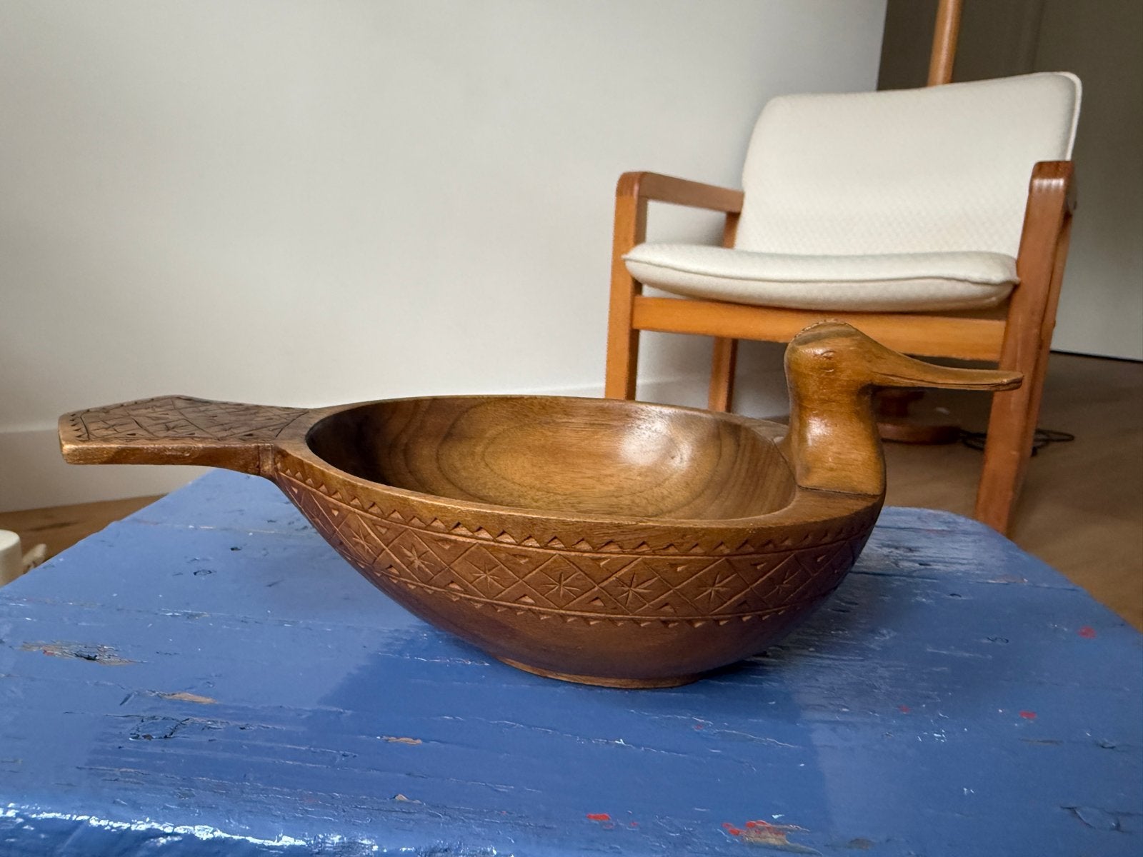 Vintage Handgesneden Houten Kom - Eend/Vogelkop Design, Antiek en Kunst, Ophalen of Verzenden