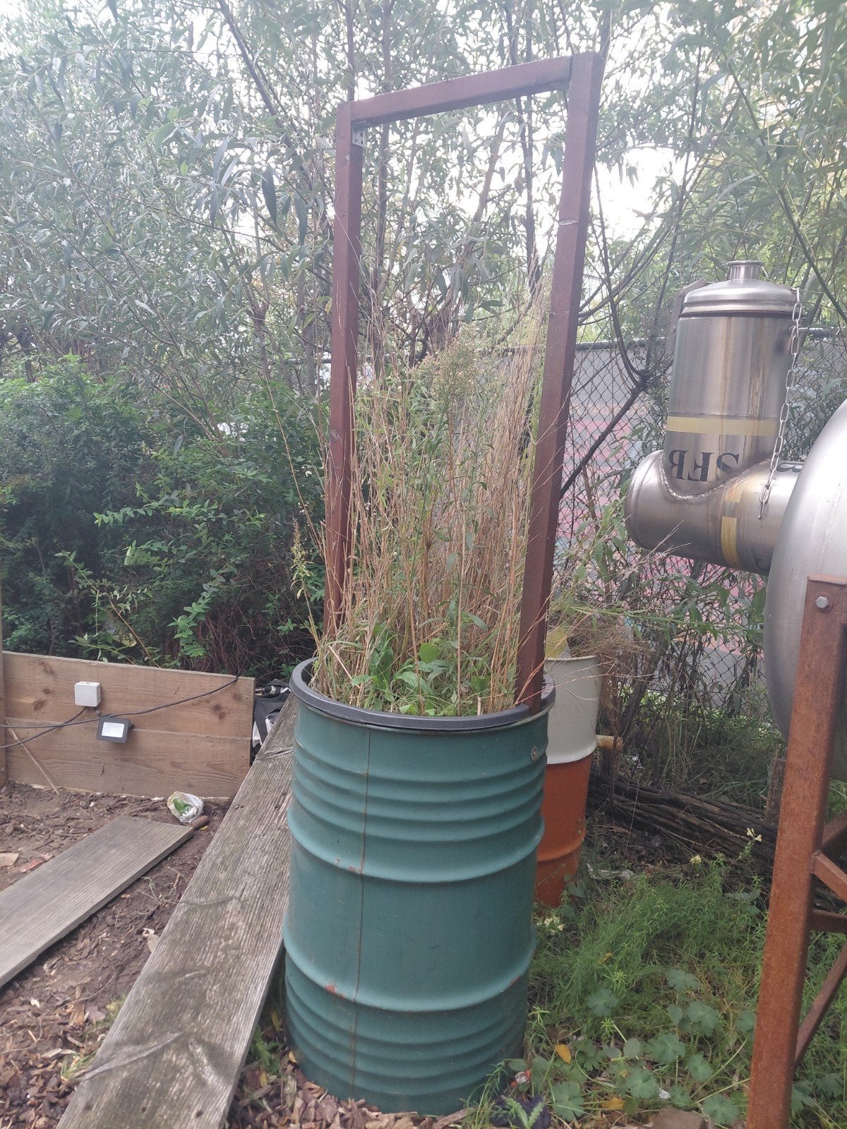Grote plantenbak van olievat met klimrek, Tuin en Terras, Ophalen, Gebruikt, Rond, 60 tot 100 cm
