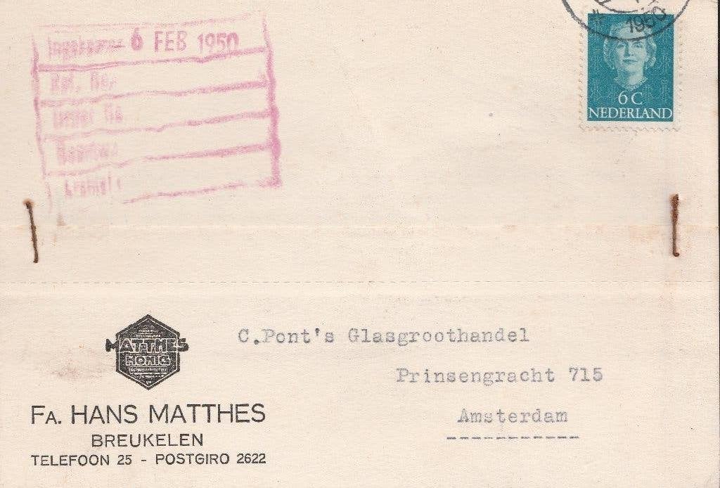BREUKELEN 1950  H.MATTHES bestelt flacons met schroefdeksel, Verzenden, 1940 tot 1960, Gelopen, Utrecht