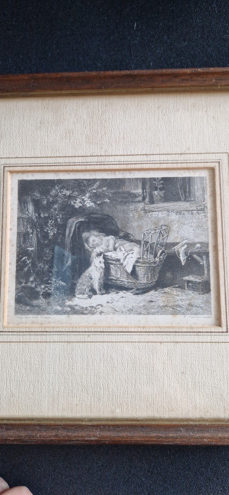 Antieke gravure "Slapend kindje" Mari ten Kate & W. Steelink, Ophalen of Verzenden, 20 cm, 23 cm