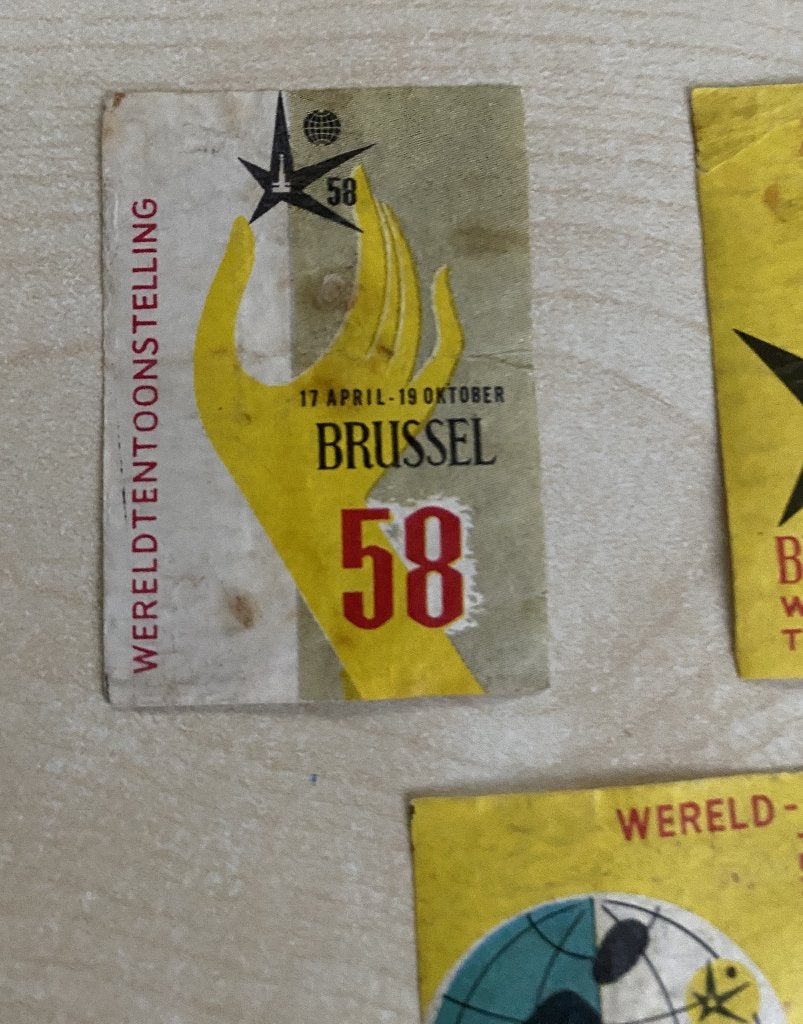 50 jaren 5 oude luciferplaatjes van EXPO 58 BRUSSEL, Ophalen of Verzenden, Gebruikt, Overige typen