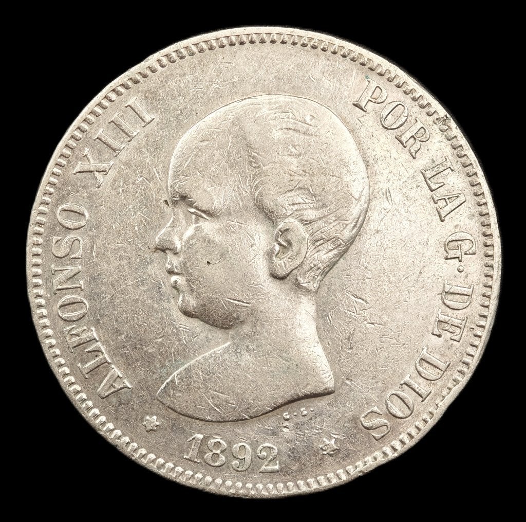 1892 5 Pesetas Spanje Alfonso XIII, Postzegels en Munten, Ophalen of Verzenden, Overige landen, Losse munt, Zilver
