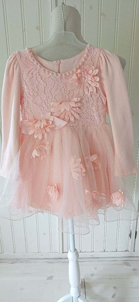 Prachtig roze bloemen pareljurkje (communie ?)   maat 110, Zo goed als nieuw, Jurk of Rok, Verzenden, Fleur