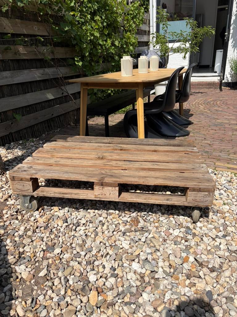 Pallettafel op wielen. Salontafel, koffietafel, Ophalen, Zo goed als nieuw, Rechthoekig, Hout