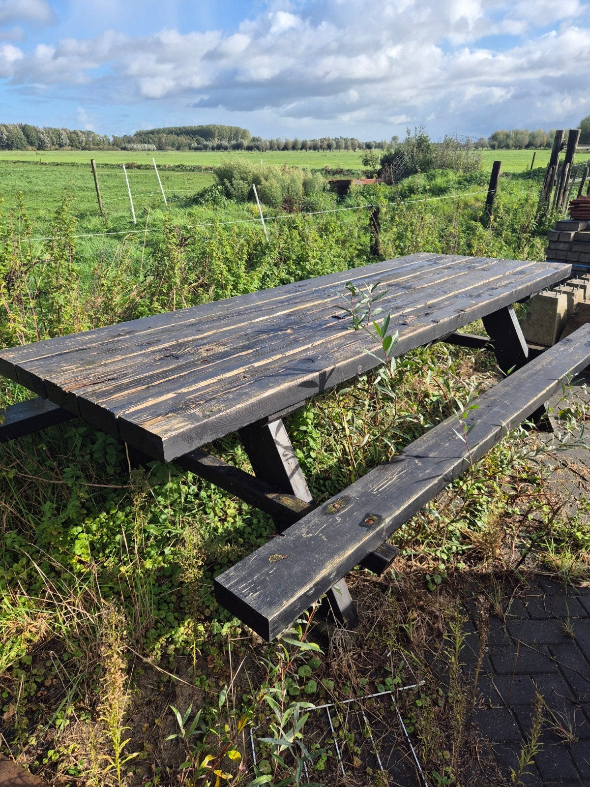 Robuuste houten picknicktafel - 300 cm lang, Ophalen, Gebruikt, Rechthoekig, Hout