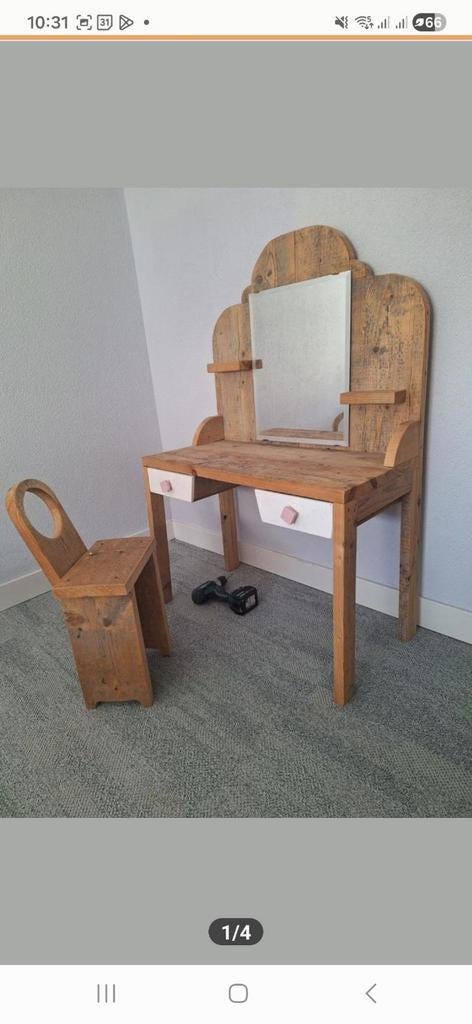 Houten kaptafel met spiegel en krukje voor kleine meisjes, Ophalen of Verzenden, Nieuw, Stoel(en)