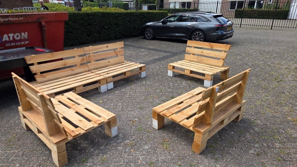 5 stuks loungeset pallet hout, Ophalen, Gebruikt, 25 tot 50 mm, Grenen