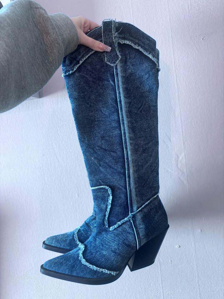 Dames cowboy boots laarzen denim spijker jeans Zara blauw, Verzenden, Nieuw, Blauw, Hoge laarzen