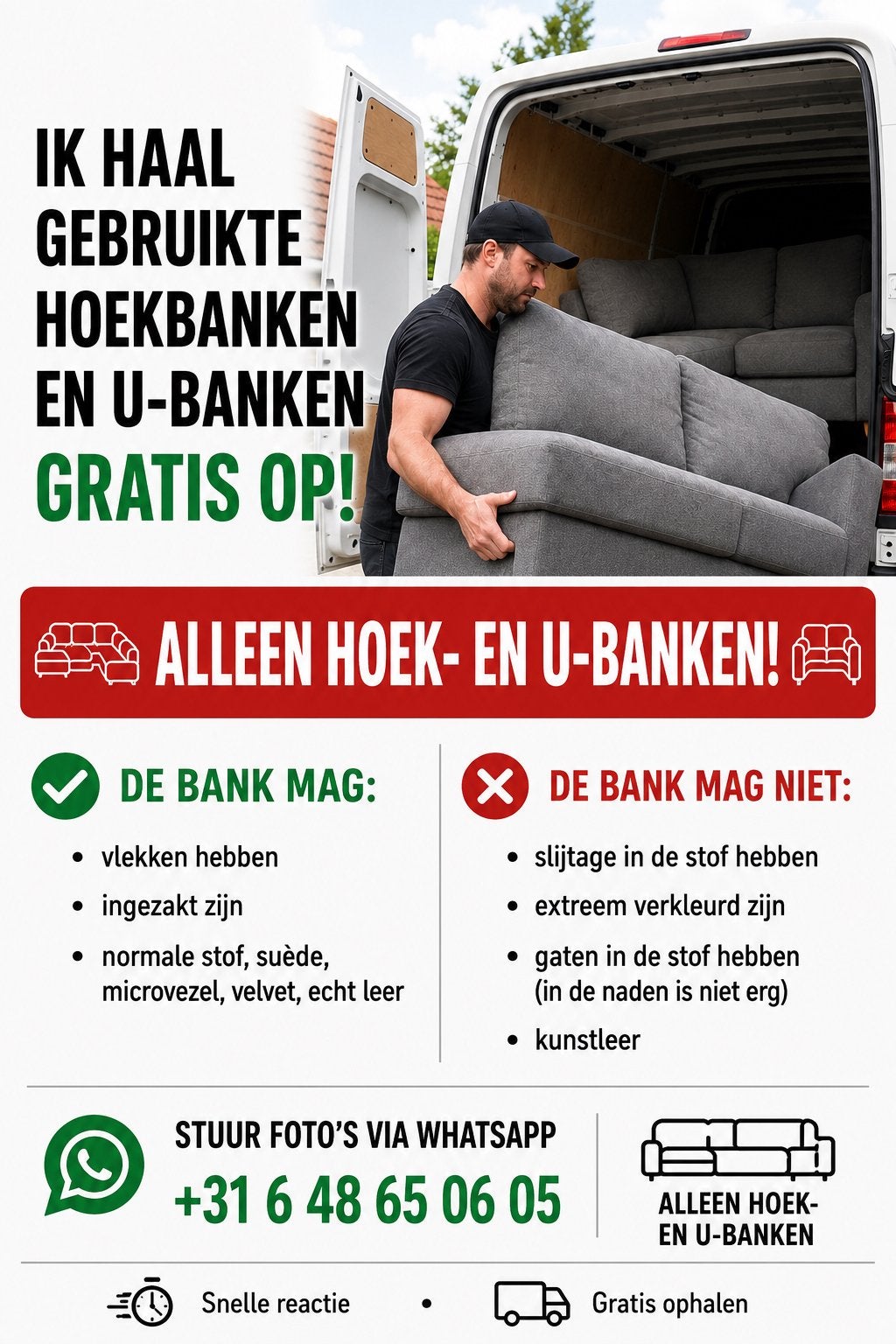 Ik haal uw hoekbank en U-banken gratis op, Huis en Inrichting, Banken | Bankstellen, Gebruikt, Hoekbank, 75 tot 100 cm, Ophalen of Verzenden