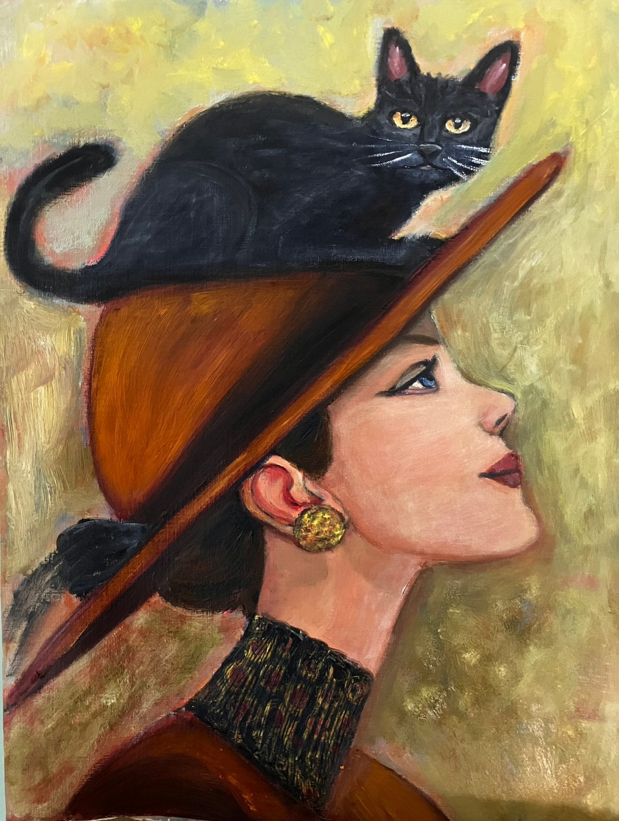 Olieverf schilderij “Black  cat on the hat”, Ophalen of Verzenden, Olieverf, Portret, Ophangklaar