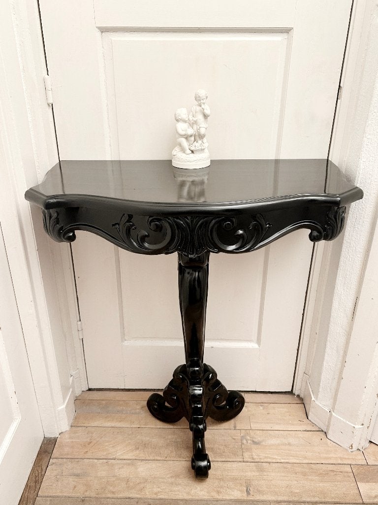 Chique hoogglans zwarte barok wandtafel/consoletafel, Ophalen, 50 tot 100 cm, Zo goed als nieuw, Overige vormen