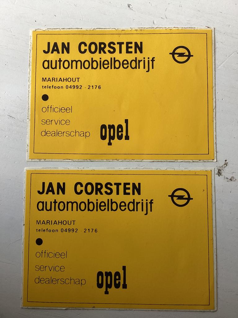 2 stickers Automobielbedrijf Jan Corsten Mariahout (Opel), Verzamelen, Stickers, Verzenden, Zo goed als nieuw