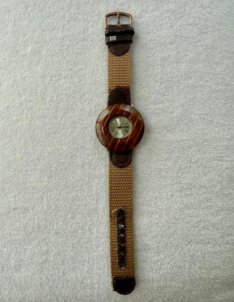 Vintage Commodoor houten "disco volante" horloge, Overige merken, Leer, Polshorloge, Ophalen of Verzenden