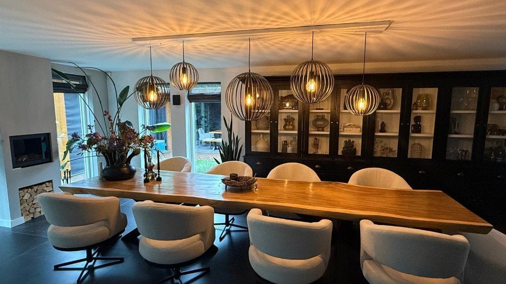 Set van 5 houten hanglampen - perfect voor eettafel, Ophalen, E27 (groot), Zo goed als nieuw, Modern, Sfeervol, Metaal, Zwart