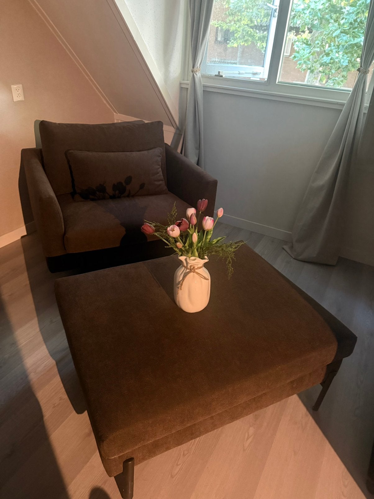 Japandi Fauteuil loveseat en hocker Riverdale Miller Bruin, Ophalen, 75 tot 100 cm, Zo goed als nieuw, Stof