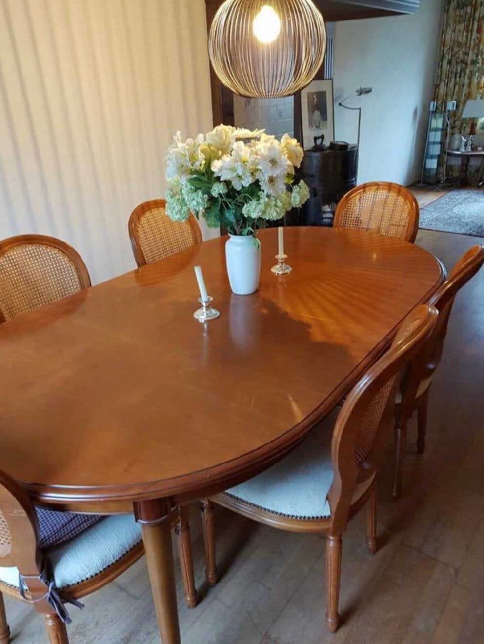 Elegante ovale eettafel met 6 stoelen, Ophalen, Gebruikt, 100 tot 150 cm, 150 tot 200 cm