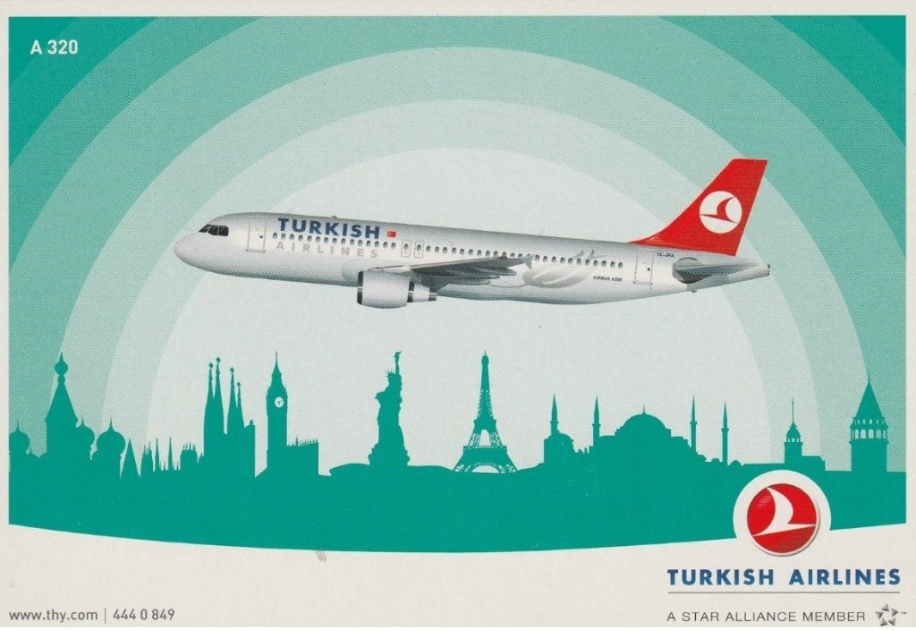 Turkish Airlines Airbus A320 ansichtkaart, Ophalen of Verzenden, Nieuw, Kaart, Foto of Prent