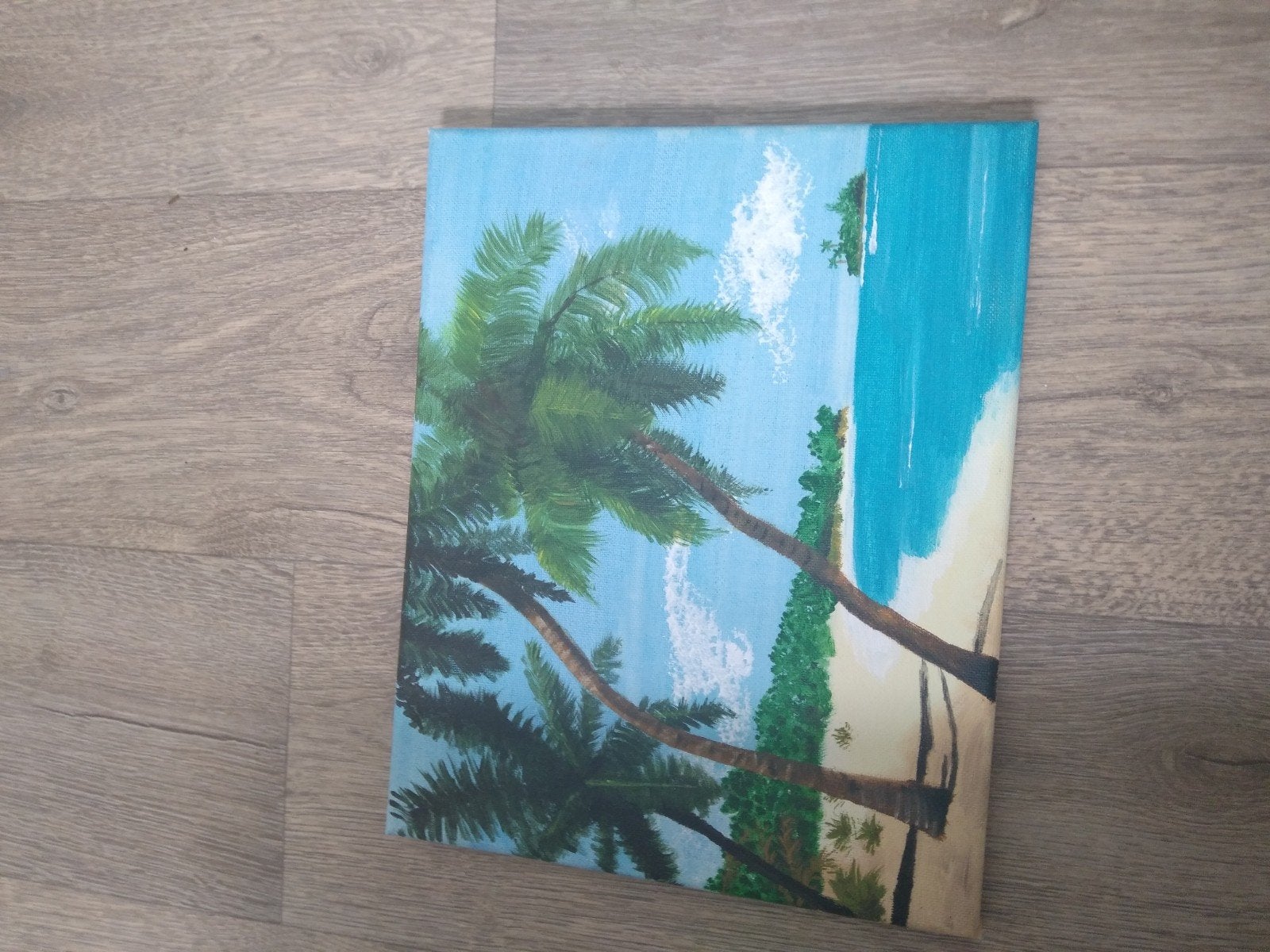 Schilderij: Tropisch strand met palmbomen, Landschap, Acrylverf, Ophalen of Verzenden, Handgeschilderd
