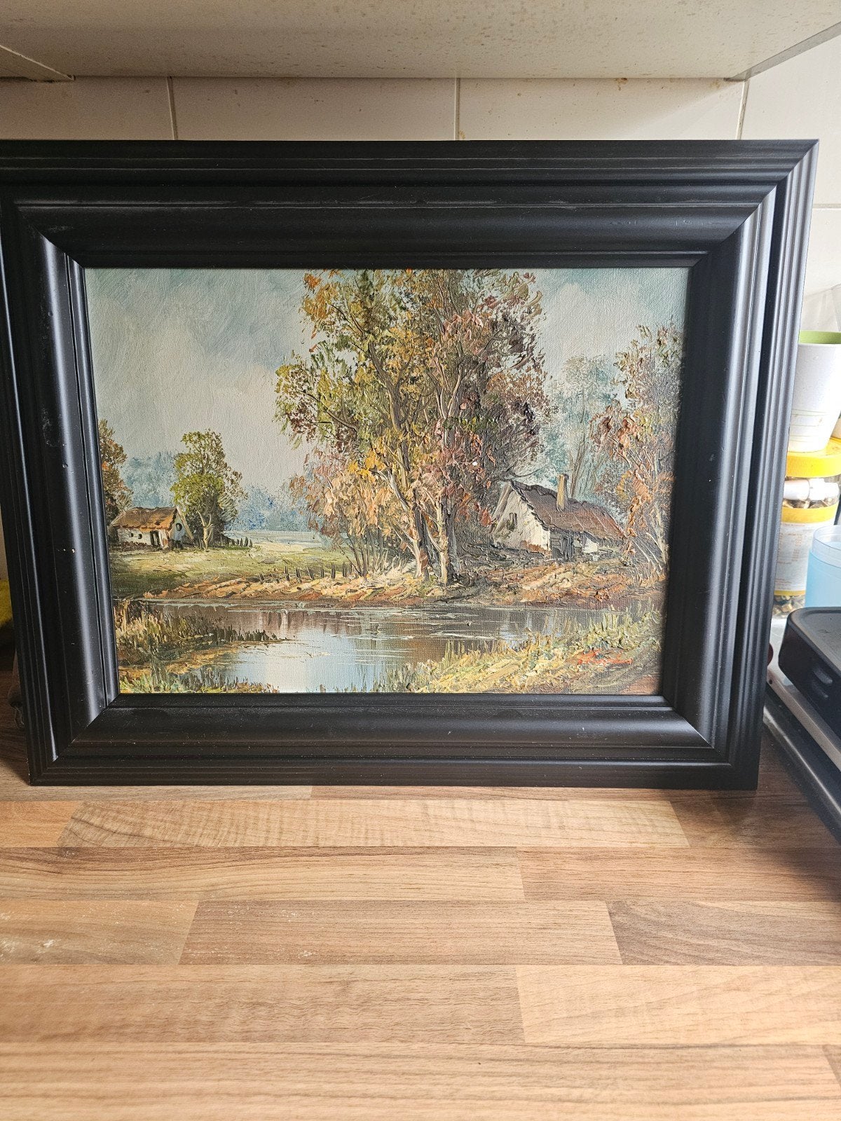 Olieverfschilderij Landschap met Huisjes en Water, Ophalen of Verzenden