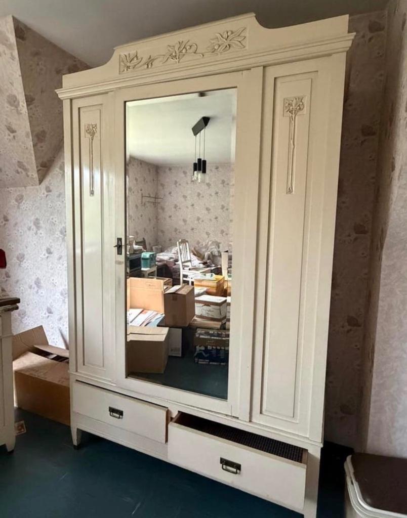 Vintage brocante Kledingkast / linnenkast -hout met spiegel, Huis en Inrichting, Kasten | Kledingkasten, Gebruikt, 100 tot 150 cm