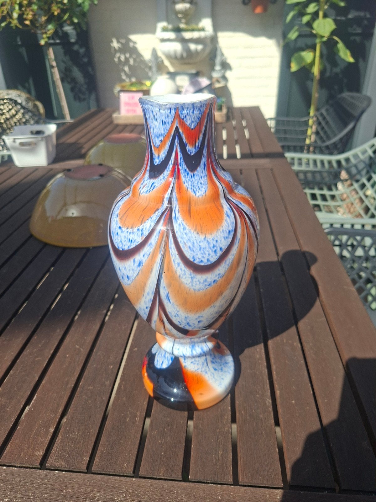 Vintage Italiaanse Opaline Vaas - Blauw Oranje Swirl, Ophalen of Verzenden