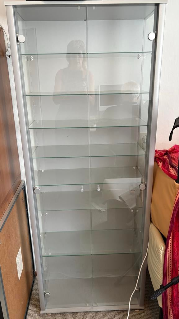 Glazen vitrinekast met aluminiumkleurig frame - IKEA Detolf, Huis en Inrichting, Kasten | Vitrinekasten, Ophalen, Gebruikt, 50 tot 100 cm