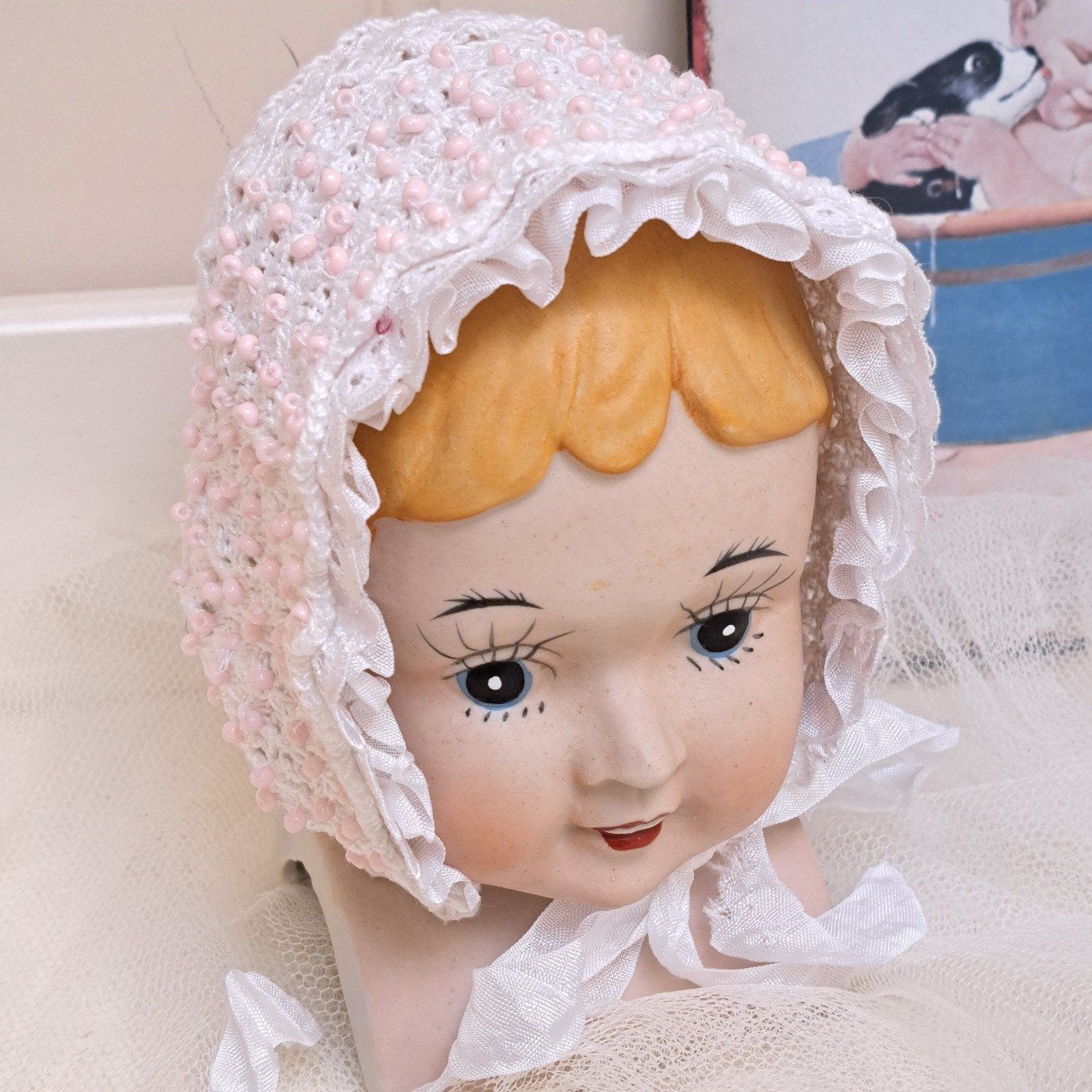 Hand gehaakt Katoen Brocante Poppen muts NIEUW, Ophalen of Verzenden