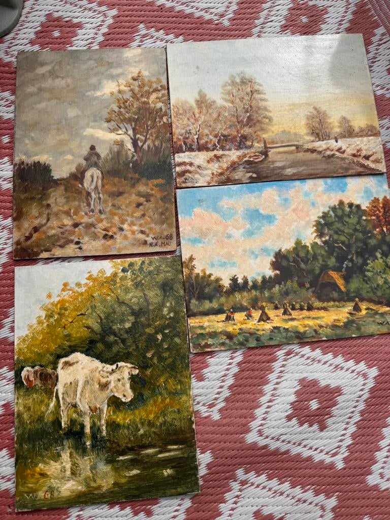 4 schilderijtjes oliverf op hout Enschede - W.H. Aberson, Antiek en Kunst, Kunst | Schilderijen | Klassiek, Ophalen of Verzenden