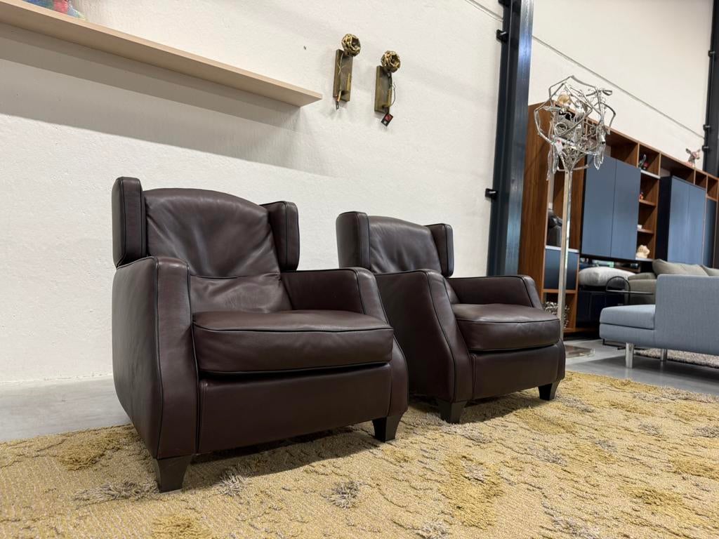 2 Natuzzi Amadeus fauteuils bruin leer Design stoel, Huis en Inrichting, Gebruikt, Natuzzi, Ophalen of Verzenden, 50 tot 75 cm