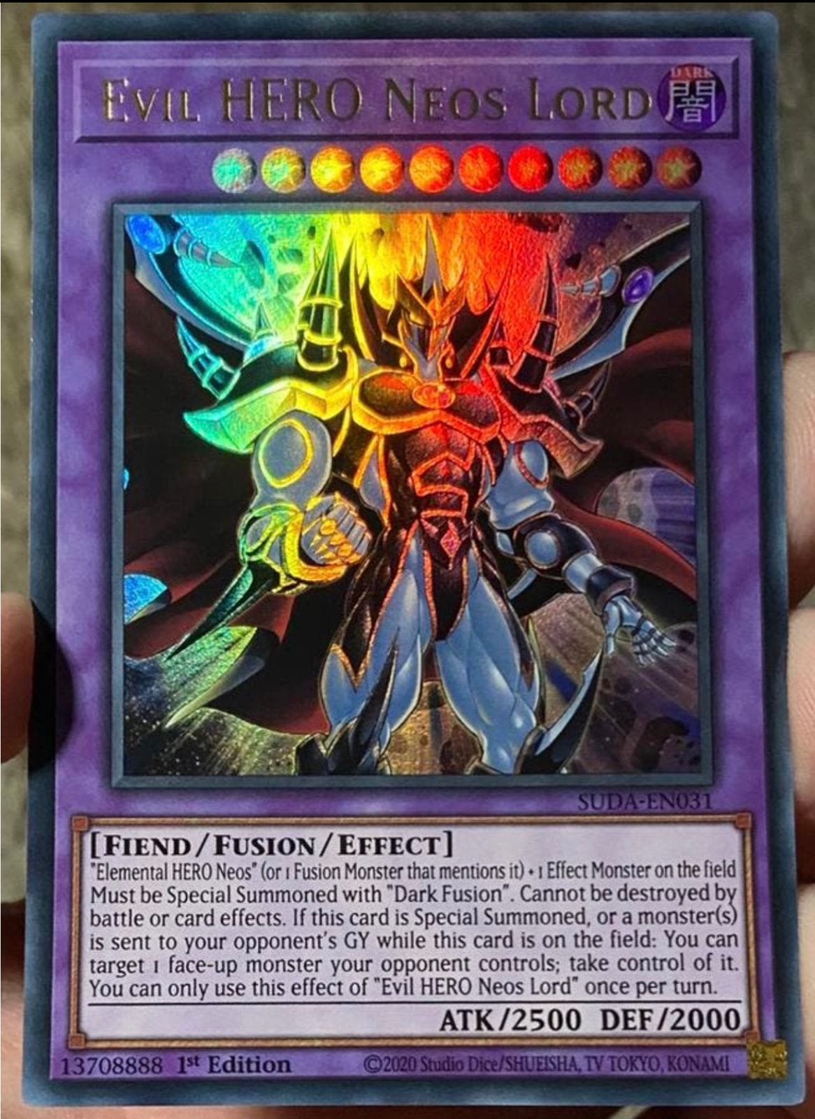 Yu-Gi-Oh! Evil HERO Neos Lord SUDA 1st Edition !, Ophalen of Verzenden, Zo goed als nieuw, Losse kaart, Foil