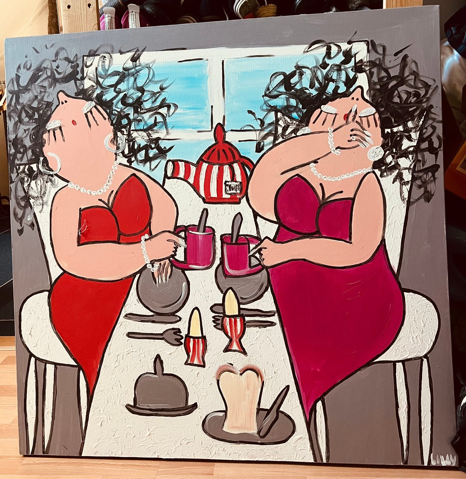 GROOT Dikke dames schilderij  1x1mtr original, Antiek en Kunst, Ophalen