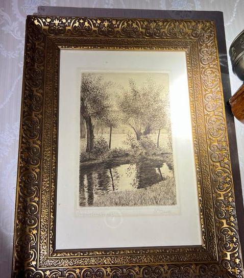 Originele ets van H. Baude - Landschap met water, Ophalen, Ets, Gesigneerd, Landschap