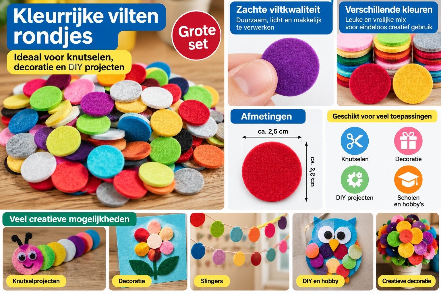 Kleurrijke vilten rondjes voor knutselen en decoratie, Ophalen of Verzenden, Nieuw, Los Vilt