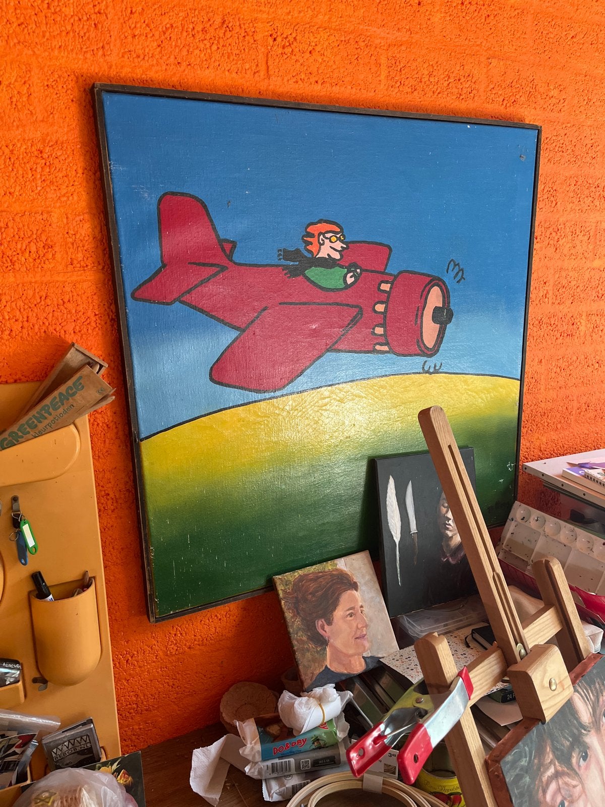 Vrolijk schilderij van piloot in rood vliegtuig, Ophalen, Acrylverf, Ingelijst, Stripfiguren/cartoons