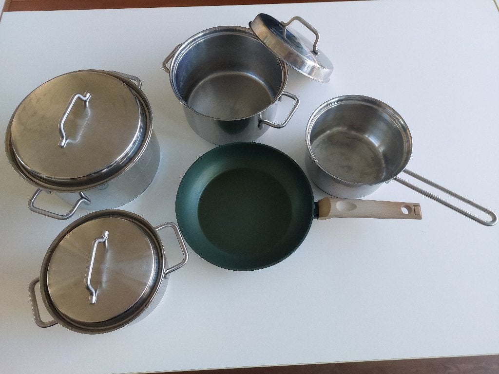 Pannenset met koekenpan, Huis en Inrichting, Ophalen, Gebruikt, Met deksel, Aluminium