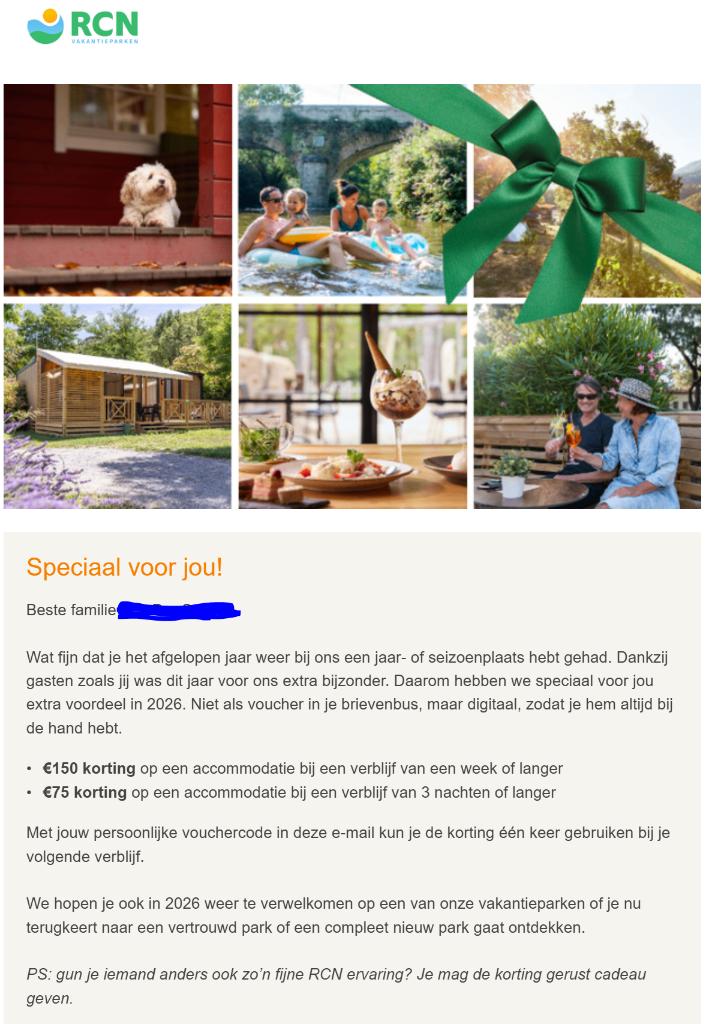 RCN Kortingsvoucher twv €150, Eén persoon, Kortingsbon, Bungalowpark