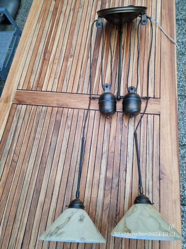 Vintage katrol plafond hang lamp met gemarmerd glas, Antiek en Kunst, Ophalen