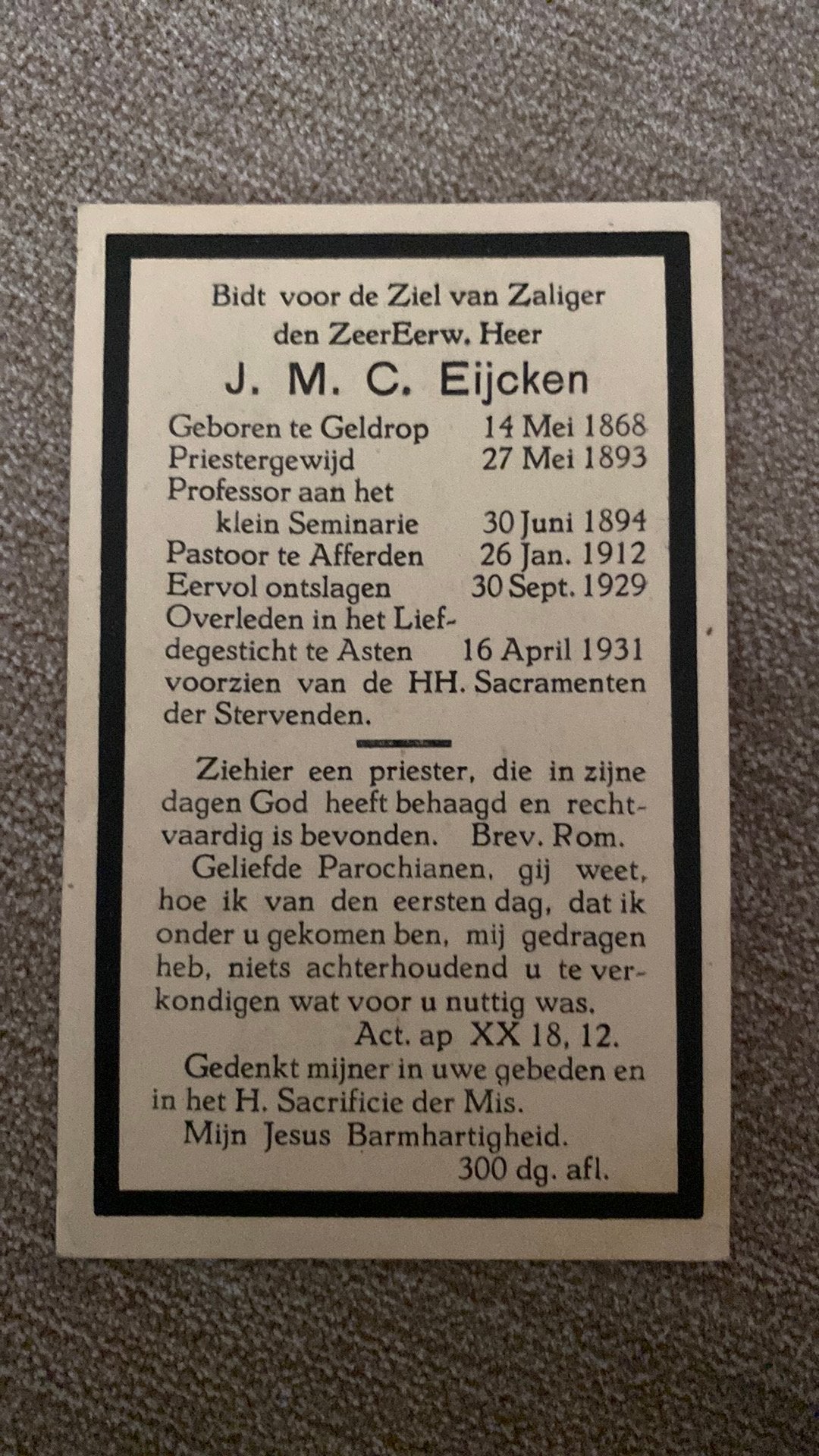 priester JMC Eijcken 1868 Geldrop 1931 Asten Afferden, Verzamelen, Ophalen of Verzenden