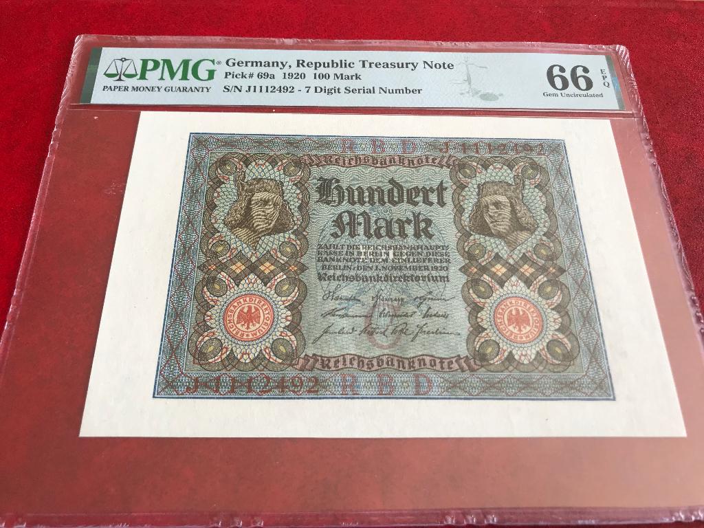 Germany 100 Mark 1920 PMG66 J1112492 P69a Treasury Note, Postzegels en Munten, Bankbiljetten | Europa | Niet-Eurobiljetten, Ophalen of Verzenden