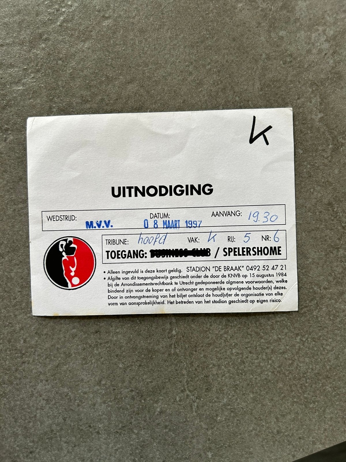 Helmond Sport - M.V.V. uitnodiging 1997, Ophalen of Verzenden, Gebruikt, Overige binnenlandse clubs, Overige typen