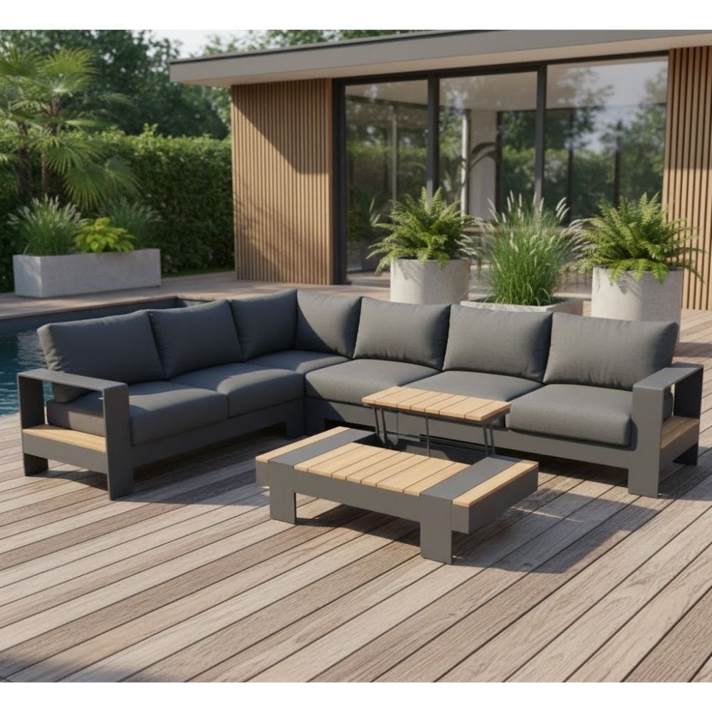 Reims hoek loungeset | aluminium + teakhout | 307x236cm, Ophalen, Aston Martinlaan 36, Bank, 6 zitplaatsen