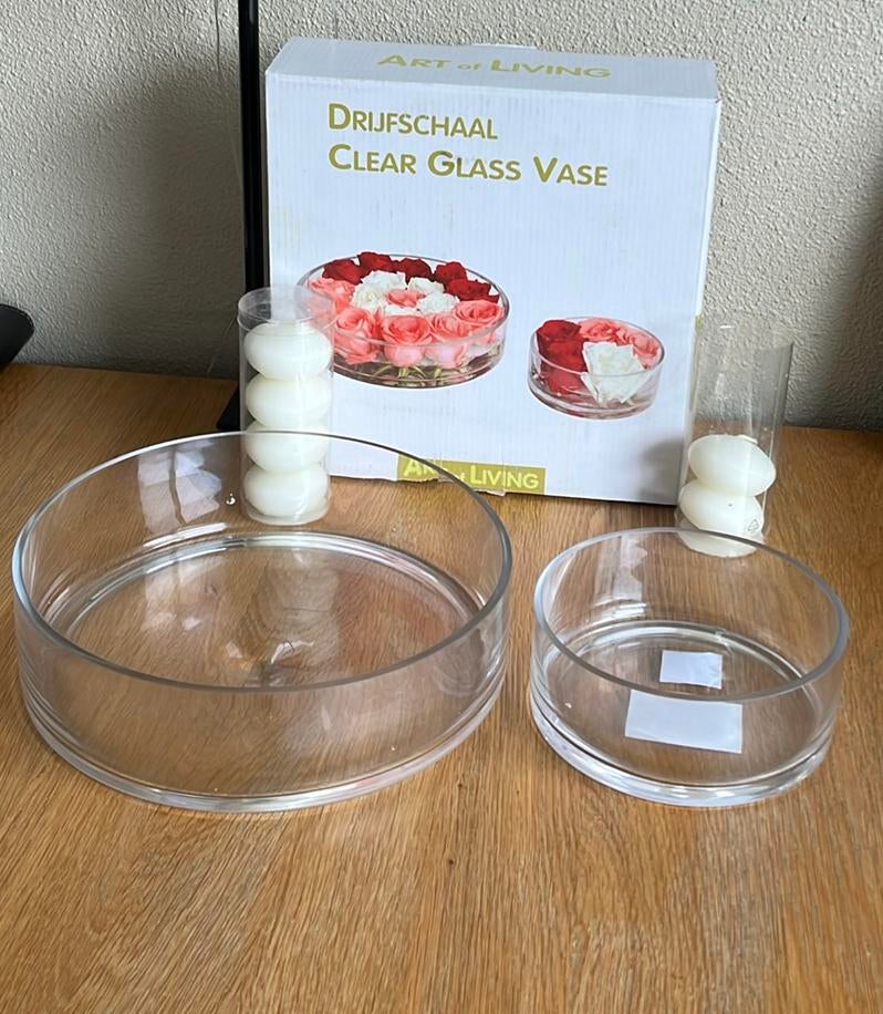 2 Schalen voor drijfkaarsen met 6 kaarsen, Ophalen of Verzenden, Zo goed als nieuw, Overige materialen, Minder dan 25 cm